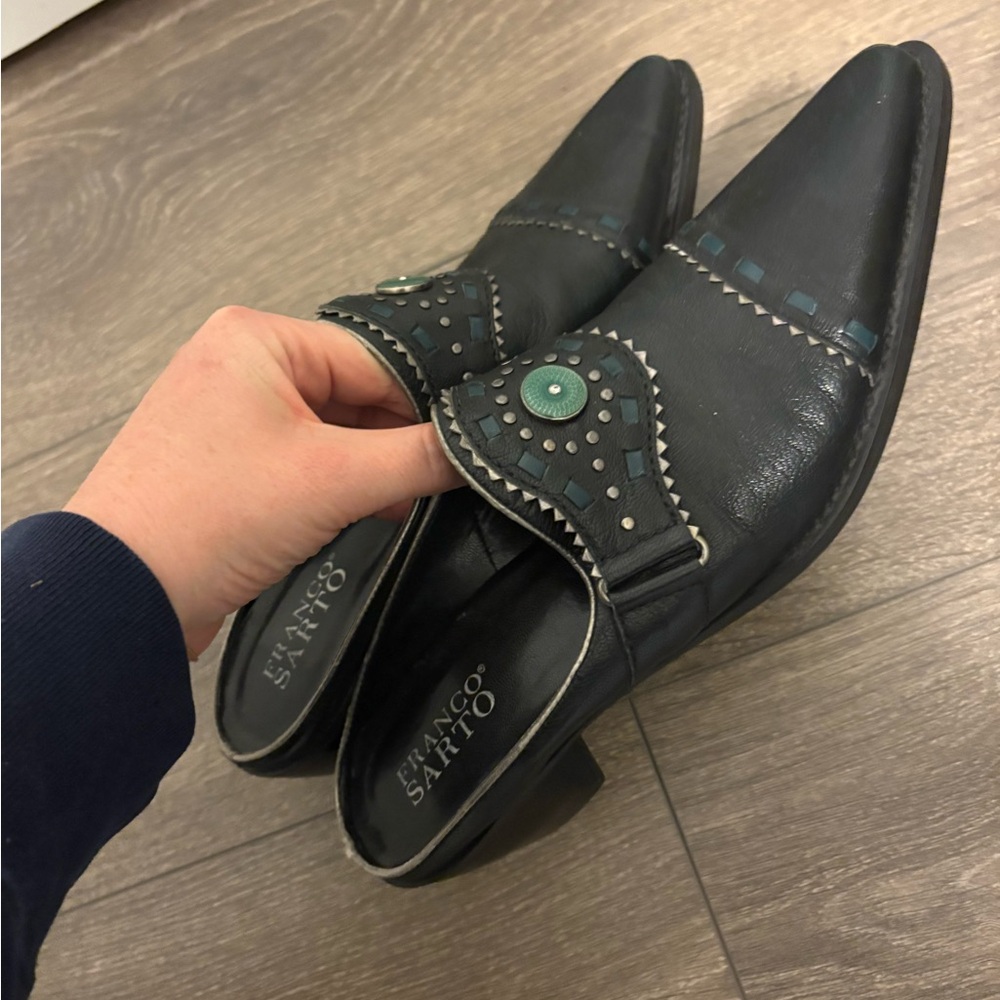 Vintage Franco Sarto Black Mules with Turquoise Detail